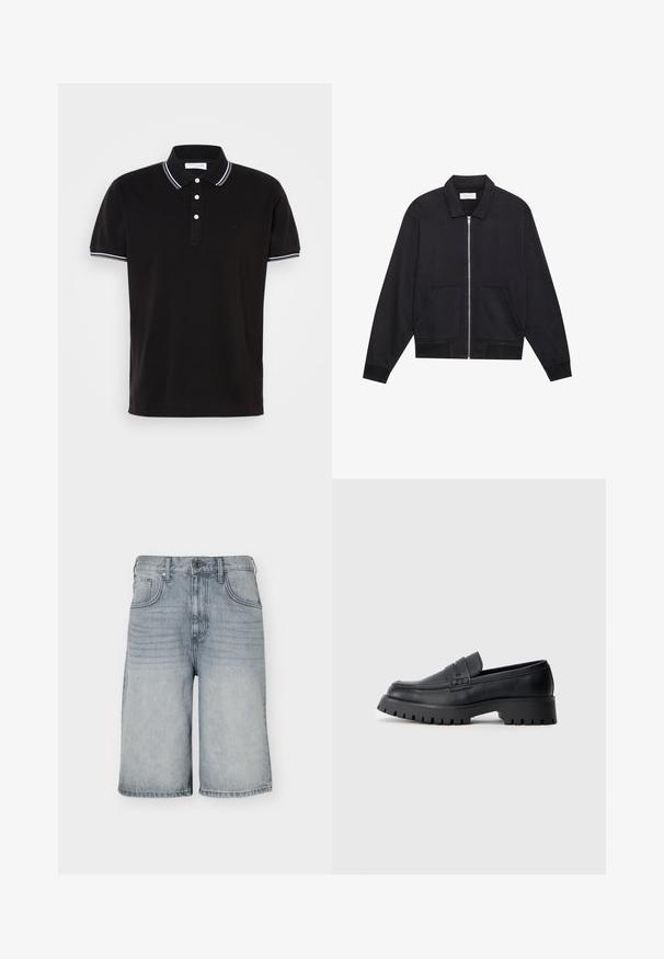 Zwarte ritssluiting jack met een kraag, twee voorkruiszakken, ribgebreide manchetten en een textuurstofafwerking. Eenvoudig en modern ontwerp.; Zwarte polo shirt van katoen, met een drie-knopen sluiting, witte afwerking op de kraag en mouwen, en subtiele logo-detailing.; Lichtblauwe denim knielange shorts met voorzakken, riemlussen en een knoopsluiting op een witte achtergrond.; Zwarte leren instappers met een ronde neus, voorzien van een decoratieve riem en een stevige rubberen zool met diepe groeven voor grip.
