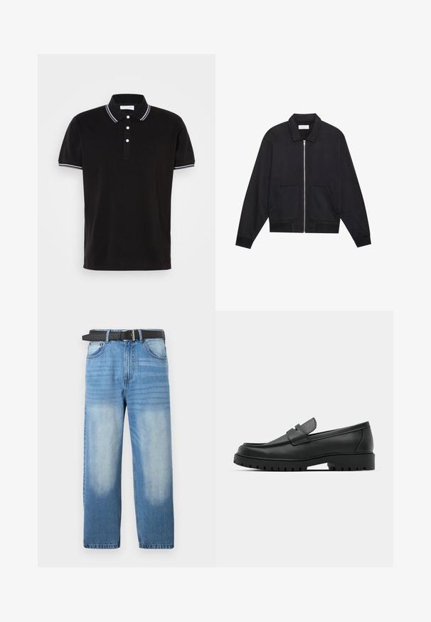 Chaqueta negra con cremallera y cuello, dos bolsillos frontales, puños acanalados y un acabado de tela texturizada. Diseño simple y moderno.; Camisa polo negra de algodón, con un cierre de tres botones, ribetes en blanco en el cuello y las mangas, y un logo discreto.; Jean de mezclilla azul claro con pierna recta, que presenta un cinturón negro, parches desgastados y una sutil textura diagonal en la sección superior.; Mocasines de cuero negro con punta redonda, que cuentan con un diseño cosido, suela de plataforma baja y una suela de goma texturada y con tacos.