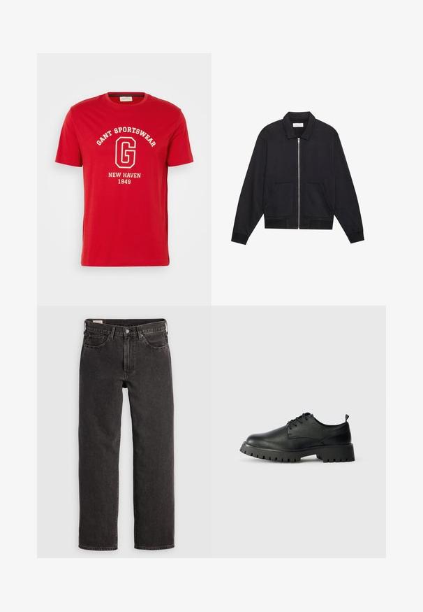 Veste noire zippée avec col, deux poches avant, poignets côtelés et finition en tissu texturé. Design simple et moderne.; T-shirt rouge à manches courtes, en coton, avec un imprimé en texte blanc "GANT SPORTSWEAR" et "NEW HAVEN 1949" dans une police classique.; Jeans en denim noir avec une coupe droite, cinq poches et des tringles métalliques. Le tissu présente une légère texture et une finition unie.; Chaussures en cuir noir à lacets avec un bout arrondi, surface texturée et semelle en caoutchouc épaisse dotée de profondes rainures pour une meilleure adhérence.