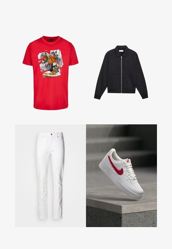 Zwarte ritssluiting jack met een kraag, twee voorkruiszakken, ribgebreide manchetten en een textuurstofafwerking. Eenvoudig en modern ontwerp.; Rode katoenen t-shirt met een grafisch ontwerp van een basketbal, sneaker en de tekst "HARD WERKEN GROTE DROMEN." Het ontwerp bevat zwarte en oranje accenten.; Witte spijkerbroek van denim met een rechte pijp, voorzien van een ritssluiting, vijf zakken en een enkele knoopsluiting.; Witte Nike Air Force 1 sneaker met rood swoosh-logo zwevend boven een betonnen rand en trappen op de achtergrond.