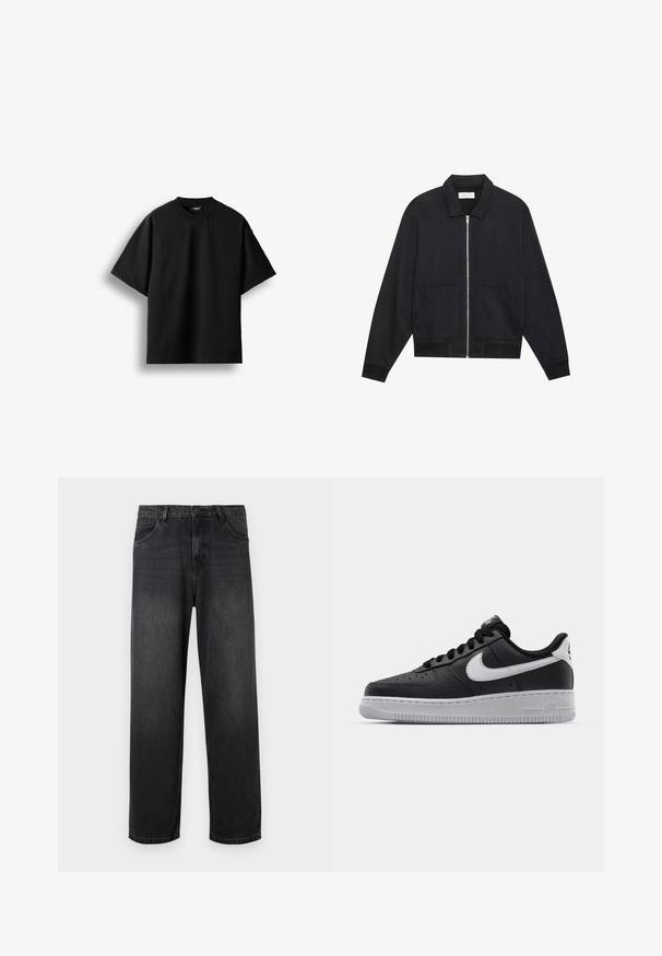 Sort lynlåsjakke med krave, to frontlommer, ribbede manchetter og en struktureret stoffinish. Enkel og moderne design.; Sort T-shirt med korte ærmer og rund hals, lagt fladt mod en hvid baggrund med en synlig lille nakkemærke.; Mørkegrå denim jeans med lige ben, der har lynlås i gylpen, fem lommer og diskrete falmende detaljer på stoffet.; Sort lædersneaker med tekstureret overflade, hvid Nike swoosh, grå sål, rund tå og snørebåndsdesign. Har perforeringer på tåboksen.