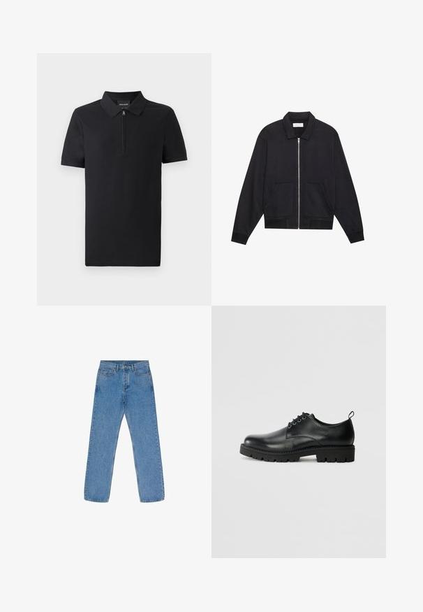 Schwarze Zip-Jacke mit Kragen, zwei Fronttaschen, gerippten Bündchen und einer strukturierten Stoffoberfläche. Einfaches und modernes Design.; Schwarzes Poloshirt mit kurzen Ärmeln und durchgehendem Reißverschlusskragen, aus glattem Stoff gefertigt, mit klassischem Design und taillierter Passform.; Helle blaue gerade geschnittene Jeans aus Denim. Verfügt über fünf Taschen, Kontrastnähte und einen Knopf- sowie Reißverschluss.; Schwarze Lederschuhe mit runder Zehenform, ausgestattet mit einer Schnürung, robustem schwarzen Gummisohle und einer kleinen Fersenschlaufe auf der Rückseite.