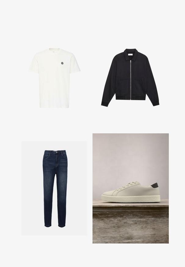 Zwarte ritssluiting jack met een kraag, twee voorkruiszakken, ribgebreide manchetten en een textuurstofafwerking. Eenvoudig en modern ontwerp.; Witte T-shirt met korte mouwen van katoen, met een klein zwart geometrisch logo op de linkerborst. Rechte snit en ronde hals.; Donkerblauwe denim jeans met een rechte pijp, voorzien van voorzakken en subtiele horizontale stiksels. Klassiek vijfzakken ontwerp.; Witte sneaker met gestructureerde zool en zwarte hieldetails, zwevend boven een houten bank met hoge groene graspluimen op de achtergrond.