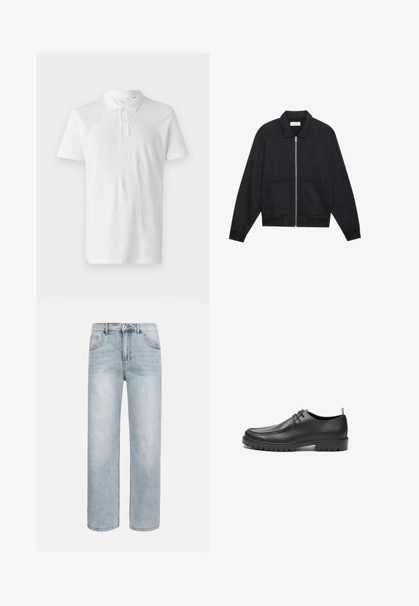 Veste noire zippée avec col, deux poches avant, poignets côtelés et finition en tissu texturé. Design simple et moderne.; Polo shirt blanc en coton avec un col, trois boutons et des manches courtes. Présente un logo discret sur la poitrine.; Jean bleu clair à jambes droites avec poches avant, fermeture par bouton et légère décoloration sur les cuisses et les genoux.; Chaussures en cuir noir avec une finition lisse, bout arrondi et coutures décoratives. Elles possèdent une semelle en caoutchouc avec des rainures de traction et un laçage.