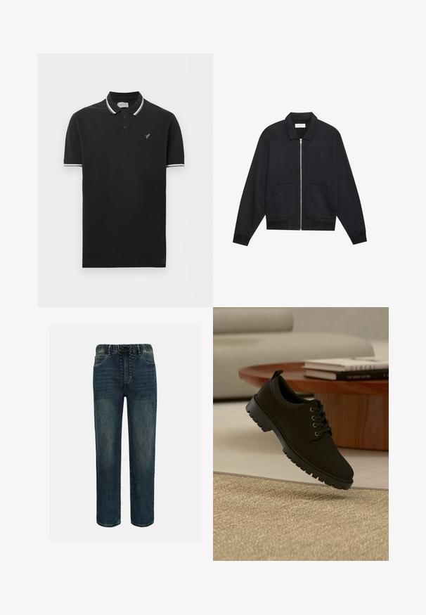 Veste noire zippée avec col, deux poches avant, poignets côtelés et finition en tissu texturé. Design simple et moderne.; Polo noir à manches courtes avec bordure blanche sur le col et les manches, patte de boutonnage à deux boutons, et petit logo gris d'oiseau sur la poitrine gauche.; Jean en denim bleu foncé avec ceinture élastique et cordon noir et blanc, coupe droite, avec poches avant.; Chaussure noire en cuir à lacets avec semelle épaisse flottant au-dessus d'un tapis beige dans un salon minimaliste.