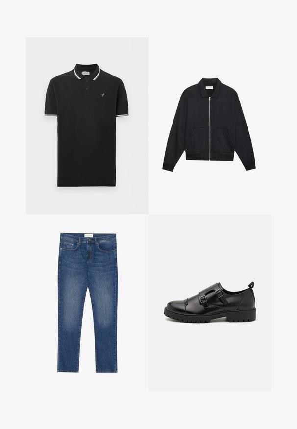 Black zip-up jacket with a collar, two front pockets, ribbed cuffs, and a textured fabric finish. Simple and modern design.; Black short-sleeve polo shirt with white trim on collar and sleeves, two-button placket, and small gray bird logo on left chest.; Men's blue denim jeans with a straight cut, five pockets, slight fading detail, and a standard button and zipper closure.; Pier One by Zalando Smart slip-ons - black