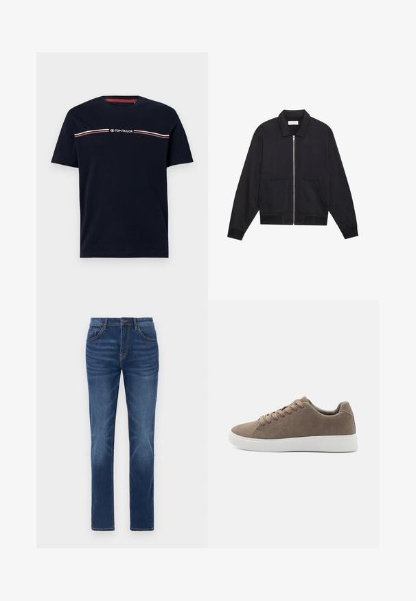 Zwarte ritssluiting jack met een kraag, twee voorkruiszakken, ribgebreide manchetten en een textuurstofafwerking. Eenvoudig en modern ontwerp.; Navyblauwe katoenen t-shirt met korte mouwen, ronde halslijn, met een witte en rode horizontale streepdetail en het "TOM TAILOR" logo.; Donkerblauwe denim jeans met een klassieke rechte pasvorm, vijfzakkenontwerp en lichte vervaging details op de benen. Voorzien van een knoop- en ritssluiting.; Bruine suède sneakers met platte witte rubberen zolen, vetersluiting, ronde neus en een gladde textuur. Minimalistische stijl met subtiele stikdetails.
