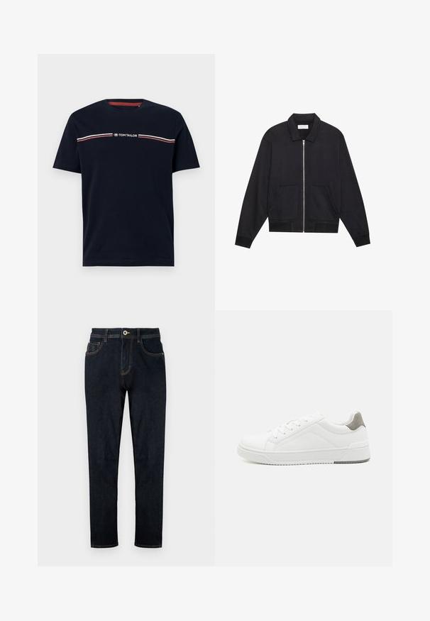 Sort lynlåsjakke med krave, to frontlommer, ribbede manchetter og en struktureret stoffinish. Enkel og moderne design.; Marineblå bomulds-t-shirt med korte ærmer og rund halsudskæring, med en hvid og rød horisontal stribedetalje og "TOM TAILOR" logo.; TOM TAILOR TTJOSH REGULAR SLIM FIT - Jeans Straight Leg - rinsed blue denim; Hvid sneaker lavet af glat læder, rund tå, minimalistisk design, grå hælafsats og tekstureret gummisål.