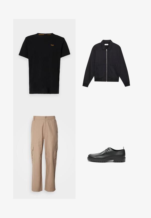 Schwarze Zip-Jacke mit Kragen, zwei Fronttaschen, gerippten Bündchen und einer strukturierten Stoffoberfläche. Einfaches und modernes Design.; Schwarzes Baumwoll-T-Shirt mit kurzen Ärmeln, Rundhalsausschnitt und einem kleinen, kontrastierenden gelben Markenpatch auf der linken Brustseite.; Khakifarbene Cargo-Hosen aus leichtem Stoff mit zwei seitlichen Taschen, einem Knopfverschluss und einer geraden Beinform.; Schwarze Lederschuhe mit glatter Oberfläche, runder Zehenform und dekorativer Naht. Mit einer Gummisohle mit Traktionsrillen und Schnürdesign.