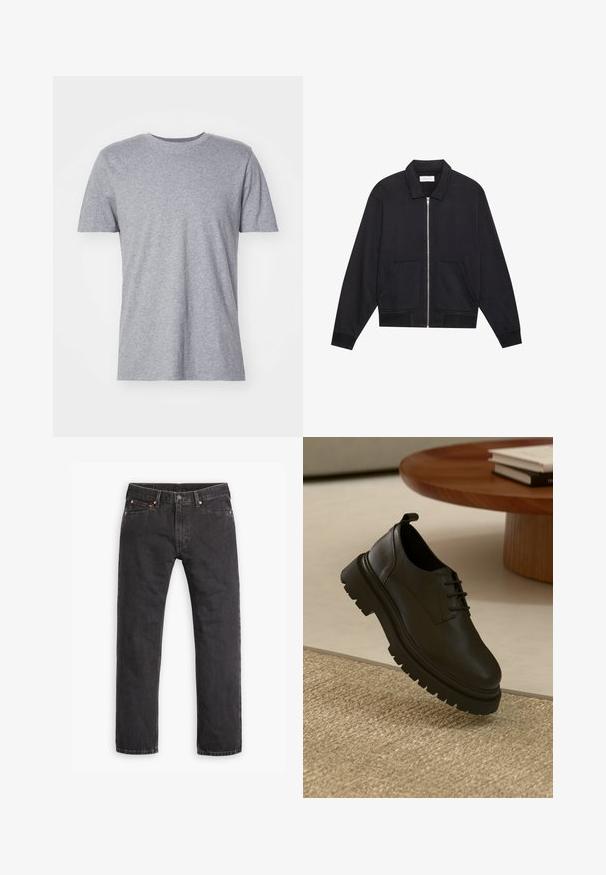 Schwarze Zip-Jacke mit Kragen, zwei Fronttaschen, gerippten Bündchen und einer strukturierten Stoffoberfläche. Einfaches und modernes Design.; Graues, kurzärmliges T-Shirt aus einem Baumwollmischgewebe, das über einen klassischen Rundkragen verfügt und eine glatte, weiche Textur aufweist.; Schwarze gerade geschnittene Jeans aus Denim mit fünf Taschen, Knopfverschluss und Kupfernieten auf einem weißen Hintergrund flach ausgelegt.; Schwarzer Lederschuh mit strukturierten Oberflächen, runder Zehenpartie, Schnürdesign und einer stabilen schwarzen Gummisohle. Schwebt über einem gewebten Teppich.