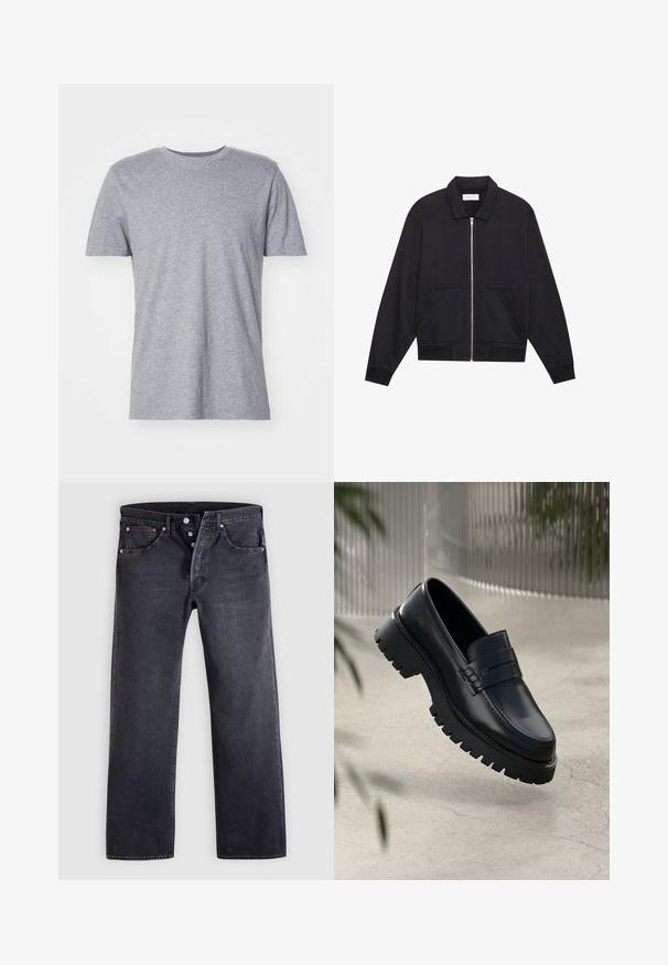Sort lynlåsjakke med krave, to frontlommer, ribbede manchetter og en struktureret stoffinish. Enkel og moderne design.; Grå, kortærmet t-shirt lavet af en bomuldsblanding, der har en klassisk crew neckline og en glat, blød tekstur.; Sorte denimjeans med lige snit, fem-lommer design og kobberknapdetaljer. Glat tekstur med let falmet finish.; Sorte læder loafers med en chunky sål, der har en dekorativ rem og syninger. Glat tekstur med en poleret overflade.