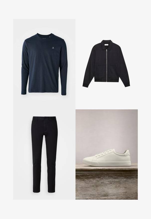 Sort lynlåsjakke med krave, to frontlommer, ribbede manchetter og en struktureret stoffinish. Enkel og moderne design.; Langærmet navy blå T-shirt lavet af blødt bomuld, med rund halsudskæring og et lille hvidt logo på venstre bryst.; Sorte bukser lavet af glat bomuldsstof, med en lige ben design, forlommer, en knaplukning og en ren finish.; Hvide snørresneakers svævende over en træbænk med grønne planter i baggrunden, der fremhæver skodesign og tekstur.