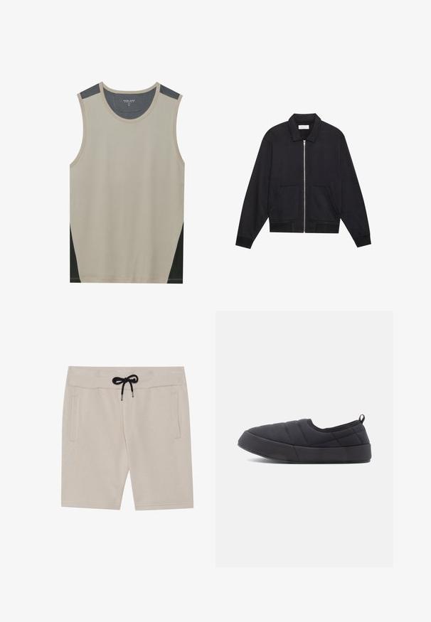Sort lynlåsjakke med krave, to frontlommer, ribbede manchetter og en struktureret stoffinish. Enkel og moderne design.; Beige ærmeløs tanktop med mørkegrå skulderdetaljer og sorte sidelapper. Glat tekstur med en rund halsudskæring.; Beige shorts lavet af blød stof, med elastisk talje og sort snor samt to sidelommer. Enkel design og lige snit.; Sorte slip-on sko med quiltet stof, der har en struktureret overflade, rund tå og gummisål. Inkluderer en baglæns trækstrop for nem påføring.
