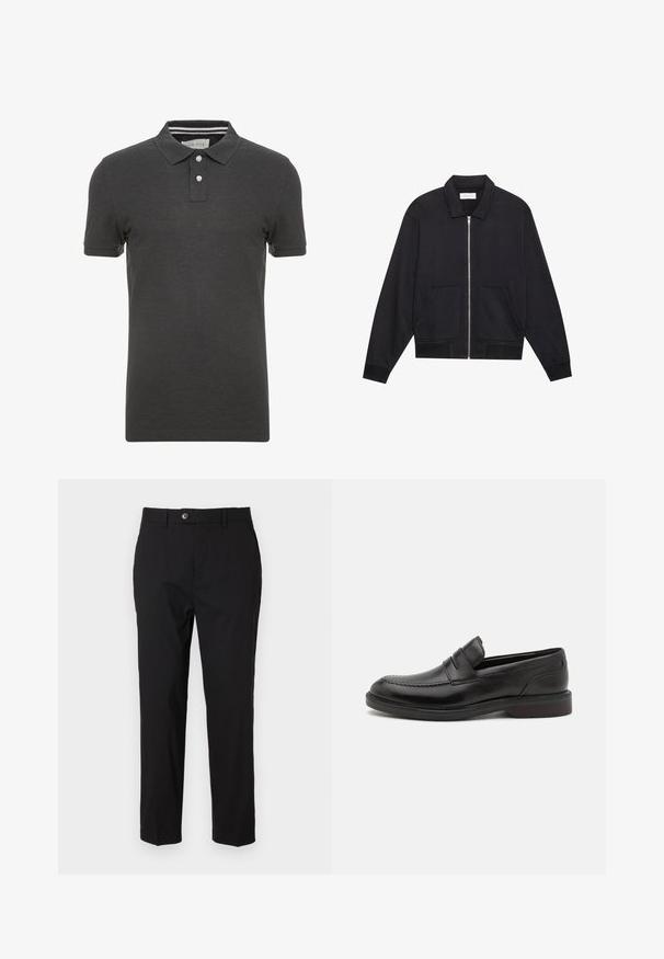 Veste noire zippée avec col, deux poches avant, poignets côtelés et finition en tissu texturé. Design simple et moderne.; Polo shirt gris foncé à manches courtes, col polo et patte de boutonnage à trois boutons. Présente un détail rayé subtil à l'intérieur du col.; Pantalons noirs en tissu lisse, avec une fermeture à bouton, des passants de ceinture et deux poches latérales. Design à jambe droite avec un minimum de détails.; Mocassins en cuir noir avec un détail de couture à l'avant, deux sangles horizontales sur le dessus, et un talon en bois. Texture lisse et forme arrondie.