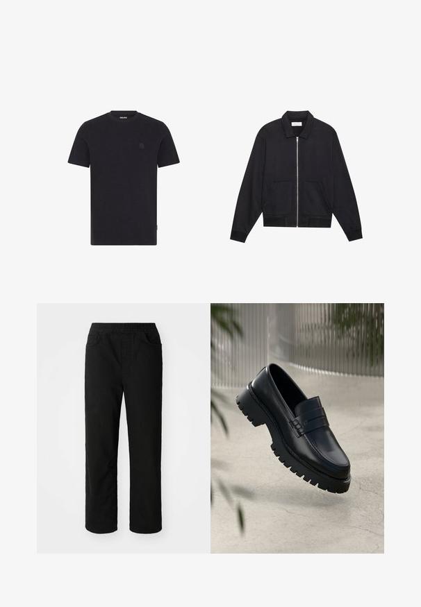Veste noire zippée avec col, deux poches avant, poignets côtelés et finition en tissu texturé. Design simple et moderne.; T-shirt à manches courtes marin en tissu texturé. Il possède un col rond et un logo discret sur la poitrine. Fini avec un bas droit.; Pantalons en coton noir avec une coupe décontractée, taille élastique, deux poches avant et jambes droites. Texture lisse sans motifs visibles.; Mocassins en cuir noir avec une semelle à crampons épaisse, dotés d'une sangle décorative et de détails de couture. Texture lisse avec une finition polie.