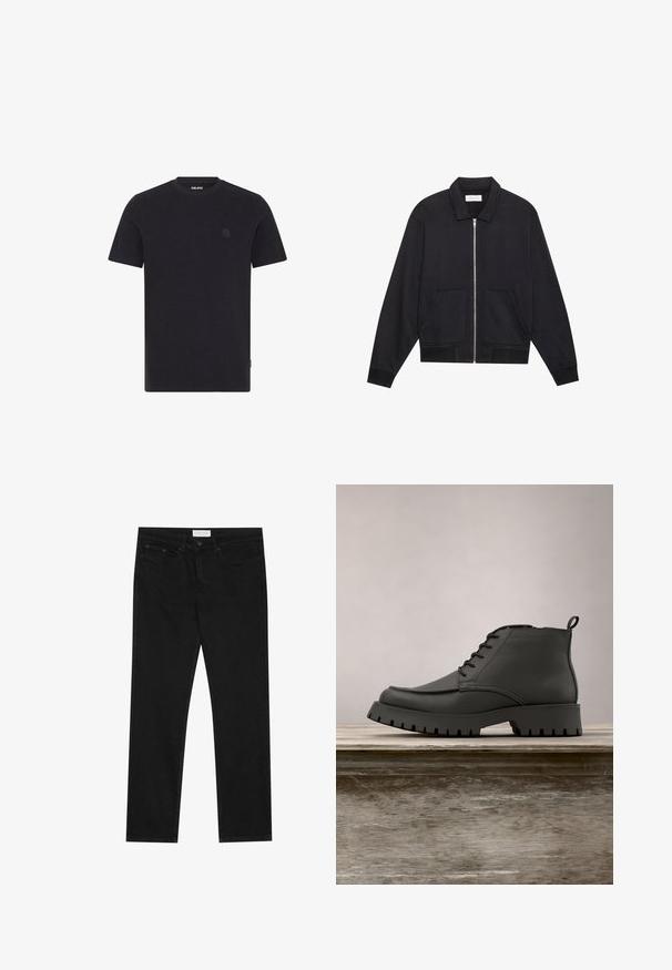 Veste noire zippée avec col, deux poches avant, poignets côtelés et finition en tissu texturé. Design simple et moderne.; T-shirt à manches courtes marin en tissu texturé. Il possède un col rond et un logo discret sur la poitrine. Fini avec un bas droit.; Jean droit noir avec un design à cinq poches, fermeture à bouton et zip, et une étiquette de marque Pier One sur la taille.; Bottine en cuir noir avec un bout arrondi, des lacets et une semelle épaisse et robuste avec des profondeurs marquées. Élevée sur une surface en bois.
