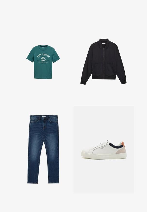 Zwarte ritssluiting jack met een kraag, twee voorkruiszakken, ribgebreide manchetten en een textuurstofafwerking. Eenvoudig en modern ontwerp.; Teal kort-sleeve t-shirt van katoen met een ronde halslijn en witte bedrukte tekst "TOM TAILOR" en ontwerpelementen aan de voorkant.; Donkerblauwe slim-fit jeans met vervaagde details, klassiek vijf-pocket ontwerp, knoopsluiting en riemlussen.; Witte leren sneakers met een laag ontwerp, marineblauwe stoffen accenten op de kraag en een lichtroze suède hieltab. Rubberen zool.