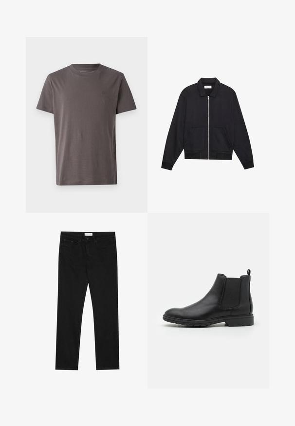 Veste noire zippée avec col, deux poches avant, poignets côtelés et finition en tissu texturé. Design simple et moderne.; T-shirt à manches courtes et col rond en gris foncé, fabriqué en coton doux, avec un logo subtil sur la poitrine et une coupe régulière.; Jean droit noir avec un design à cinq poches, fermeture à bouton et zip, et une étiquette de marque Pier One sur la taille.; Bottines Chelsea en cuir noir avec des panneaux élastiques sur les côtés et une languette, présentant un bout arrondi et une semelle en caoutchouc texturée.