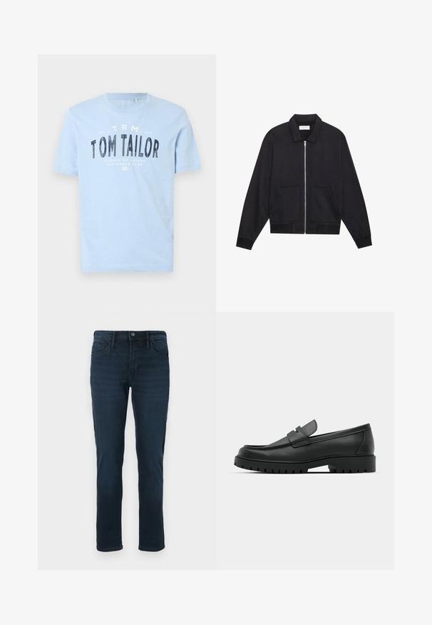Schwarze Zip-Jacke mit Kragen, zwei Fronttaschen, gerippten Bündchen und einer strukturierten Stoffoberfläche. Einfaches und modernes Design.; Hellblaues Baumwoll-T-Shirt mit rundem Ausschnitt und kurzen Ärmeln. Es hat fettgedruckten, schwarzen Text: "TOM TAILOR" und weitere Branding-Details.; Dunkelblaue Denim-Jeans mit geradem Bein, fünf Taschen, einem Knopfverschluss und dezentem Verblassen an der Vorderseite.; Schwarze Lederloafer mit runder Zehenform, ausgestattet mit einem gesteppten Design, niedrigem Plattformsohle und einer strukturierten, genoppten Gummisohle.