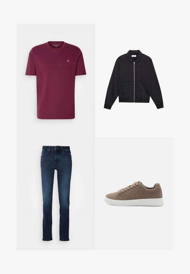 Zwarte ritssluiting jack met een kraag, twee voorkruiszakken, ribgebreide manchetten en een textuurstofafwerking. Eenvoudig en modern ontwerp.; Bordeaux katoenen t-shirt met een ronde hals, korte mouwen en een klein wit "M OP" logo op de borst. Gladde textuur en reguliere pasvorm.; Donkerblauwe spijkerbroek met een rechte pijp, vijfzakkenstijl, knoopsluiting aan de voorkant en subtiele vervaging op de dijen.; Bruine suède sneakers met platte witte rubberen zolen, vetersluiting, ronde neus en een gladde textuur. Minimalistische stijl met subtiele stikdetails.
