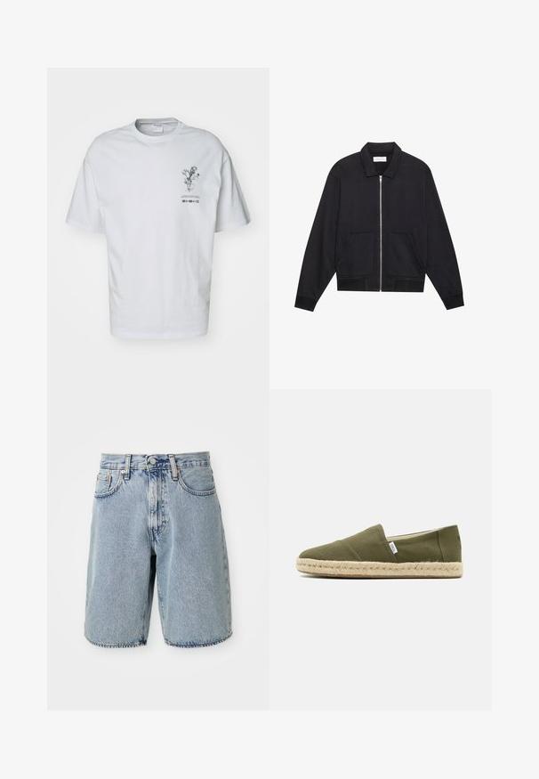 Schwarze Zip-Jacke mit Kragen, zwei Fronttaschen, gerippten Bündchen und einer strukturierten Stoffoberfläche. Einfaches und modernes Design.; Weißes Baumwoll-T-Shirt mit kurzen Ärmeln, das auf der Vorderseite ein grafisches florales Design und darunter Textdetails zeigt.; Helle blaue Denim-Shorts mit hoher Taille, geradem Schnitt, ausgefranstem Saum, fünf Taschen und Knopfverschluss. Sichtbare, abgenutzte Textur.; Olivengrüne Leinenschlupfespartille mit einer gewebten Jutesohle, die eine glatte Textur und minimale Nähdetails aufweist.