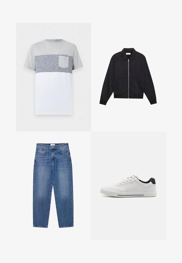 Veste noire zippée avec col, deux poches avant, poignets côtelés et finition en tissu texturé. Design simple et moderne.; T-shirt homme à manches courtes avec partie supérieure gris clair, rayures horizontales bleu marine au milieu, poche poitrine, et partie inférieure blanche.; Jean en denim bleu avec une taille haute, une coupe droite et une finition délavée. Comprend cinq poches et une fermeture à bouton.; Baskets blanches avec un dessus en synthétique lisse, bout rond, design à lacets, accent marine sur le talon, et une semelle en caoutchouc texturée avec une bande noire.