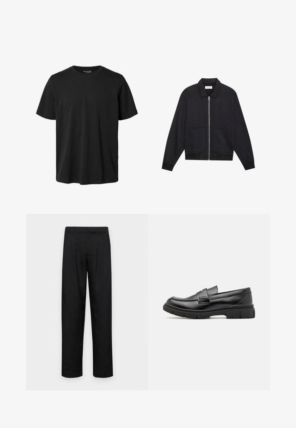Sort lynlåsjakke med krave, to frontlommer, ribbede manchetter og en struktureret stoffinish. Enkel og moderne design.; Sort kortærmet t-shirt med rund halsudskæring, normal pasform og uden synligt design eller mærkning foran.; Sorte bukser lavet af glat stof, med et lige ben-design, to frontfolder og en standard talje med bæltestropper.; Sort læder loafersko med en bred rem over forfoden, gummisål med tykke mønstre og glat overflade. Klassisk, slankt design.