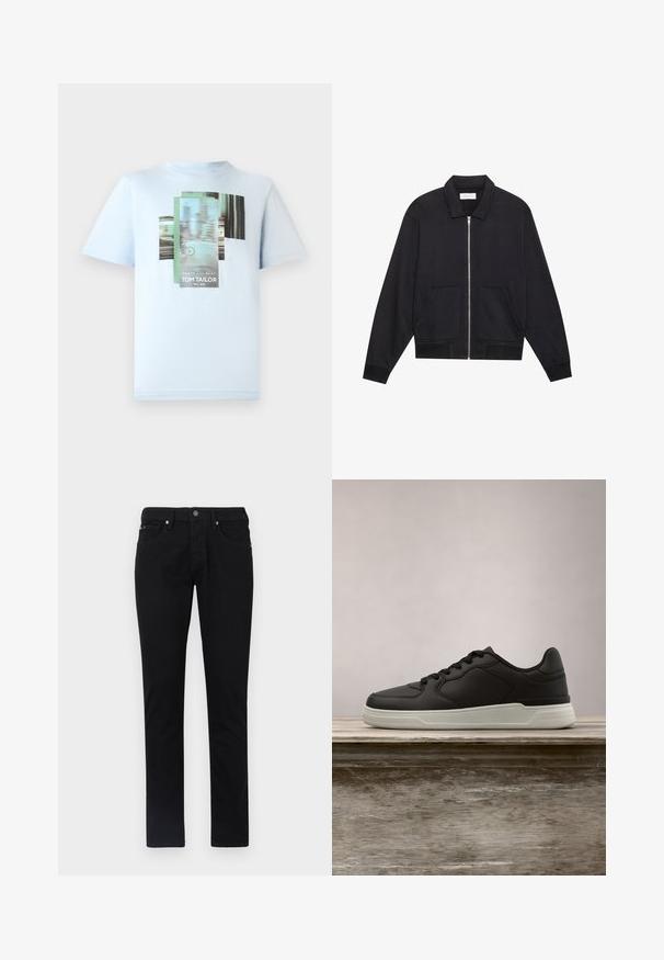 Schwarze Zip-Jacke mit Kragen, zwei Fronttaschen, gerippten Bündchen und einer strukturierten Stoffoberfläche. Einfaches und modernes Design.; TOM TAILOR T-Shirt print - light metal blue; Schwarze Jeanshose, mit geradem Bein, ausgestattet mit einem Fünf-Taschen-Design, einem Frontknopfverschluss und einer glatten, einheitlichen Textur.; Schwarzer Sneaker mit weißer Sohle, der über einer hölzernen Bank schwebt, mit grünen Blättern im unscharfen Hintergrund.