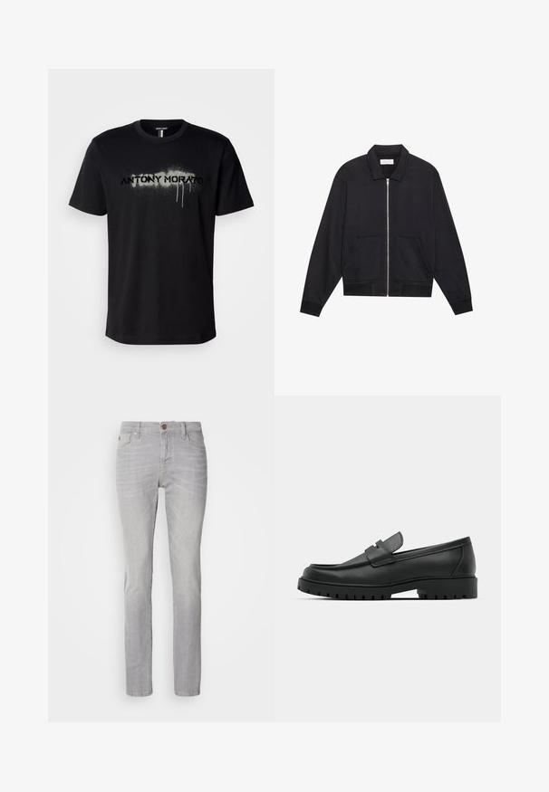 Sort lynlåsjakke med krave, to frontlommer, ribbede manchetter og en struktureret stoffinish. Enkel og moderne design.; Sort bomulds t-shirt med en sprayet tekstgrafik "ANTONY MORATO" i grå med dryppende detaljer, korte ærmer og rund hals.; Lys grå denim jeans med lige pasform, der har fem lommer, knaplukning og diskrete slidser.; Sorte læder loafers med rund tå, der har et syet design, lav platformssål og en struktureret, skridsikker gummisål.
