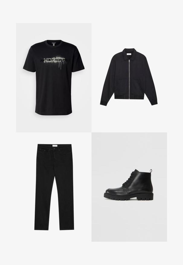 Chaqueta negra con cremallera y cuello, dos bolsillos frontales, puños acanalados y un acabado de tela texturizada. Diseño simple y moderno.; Camiseta de algodón negra con un gráfico de texto en spray "ANTONY MORATO" en gris con detalles de goteo, mangas cortas y cuello redondo.; Jeans negros de pierna recta con diseño de cinco bolsillos, cierre de botón y cremallera, y etiqueta de la marca Pier One en la cinturilla.; Botas negras de cuero hasta el tobillo con punta redonda, cordones en la parte delantera y suela de goma texturizada. Incluye una pestaña en el talón para ponerlas y quitarlas fácilmente.