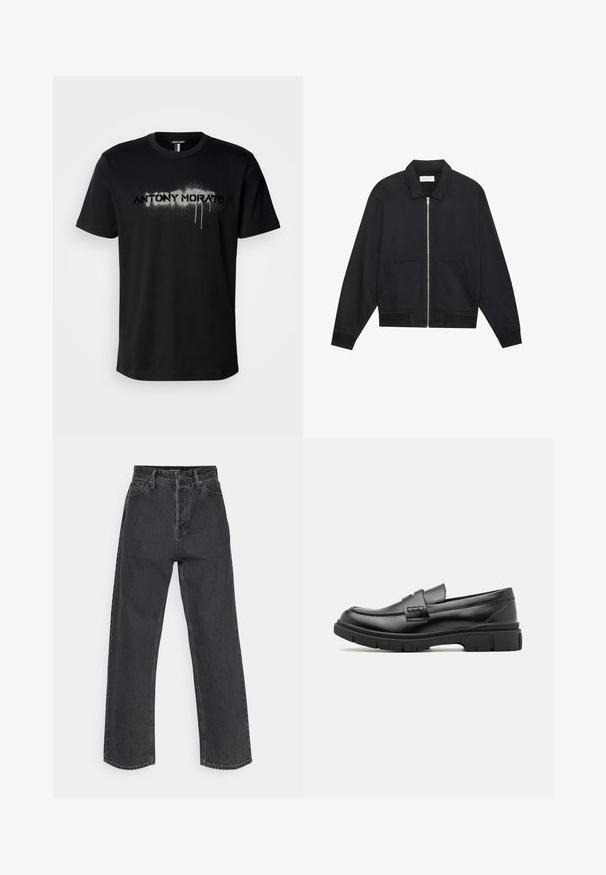 Schwarze Zip-Jacke mit Kragen, zwei Fronttaschen, gerippten Bündchen und einer strukturierten Stoffoberfläche. Einfaches und modernes Design.; Schwarzes Baumwoll-T-Shirt mit einem gesprühten Schriftzug "ANTONY MORATO" in Grau mit tropfenden Details, kurzen Ärmeln und rundem Halsausschnitt.; Hochtaillierte, gerade Jeans aus dunkelgrauem Denim, mit einem klassischen Fünf-Taschen-Design und kontrastierenden Nähten an den Säumen.; Schwarze Lederloafer mit einem breiten Riemen über dem Rist, Gummisohle mit dicken Profilen und glatter Textur. Klassisches, schlankes Design.
