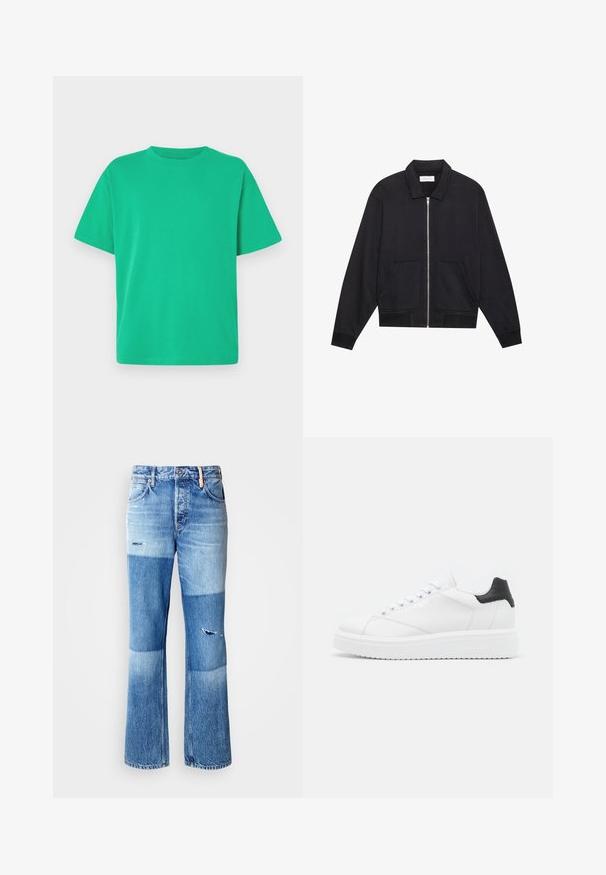 Schwarze Zip-Jacke mit Kragen, zwei Fronttaschen, gerippten Bündchen und einer strukturierten Stoffoberfläche. Einfaches und modernes Design.; Grünes T-Shirt mit kurzen Ärmeln aus weichem Stoff; hat einen Rundhalsausschnitt und eine lockere Passform; glatte Textur ohne Muster oder Akzente.; Blaue Jeans mit Schlag im Patchwork-Design, die hellere und dunklere Töne, abgenutzte Details und den traditionellen Fünf-Taschen-Stil aufweisen.; Weiße Leder-Sneaker mit schwarzem Fersenbereich, flachen Schnürsenkeln, strukturiertem Zwischensohlenteil und Branding auf der Außenseite. Entworfen für den Casual-Look.