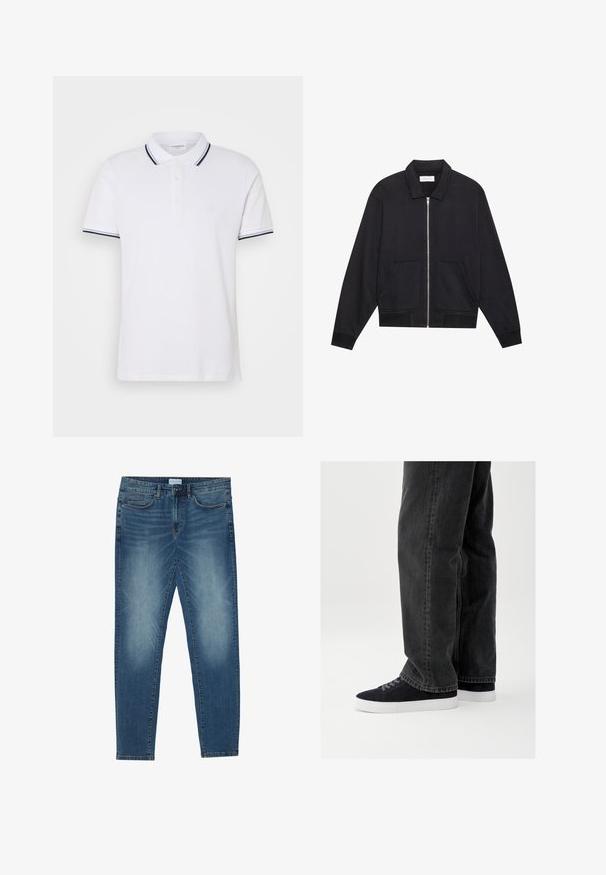 Schwarze Zip-Jacke mit Kragen, zwei Fronttaschen, gerippten Bündchen und einer strukturierten Stoffoberfläche. Einfaches und modernes Design.; Weißes Poloshirt aus Baumwolle mit kragen, einer Knopfleiste mit drei Knöpfen und navyblauen sowie weißen gestreiften Akzenten an den Ärmeln.; Jeans aus Denim in mittlerem Blau mit einer verblassten Waschung, Fünf-Taschen-Design, geradem Bein und gestickten Akzenten. Mit Knopf- und Reißverschluss.; Schwarze Jeans aus Denim mit lockerem Schnitt, kombiniert mit marineblauen Wildleder-Sneakern mit weißen Gummisohlen und schwarzen Schnürsenkeln. Einfaches und modernes Design.