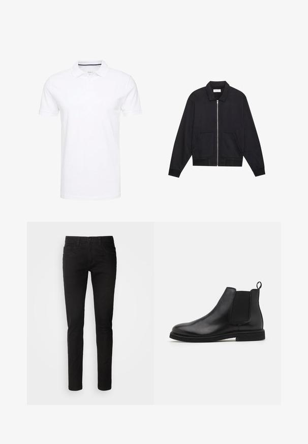 Veste noire zippée avec col, deux poches avant, poignets côtelés et finition en tissu texturé. Design simple et moderne.; Polo shirt blanc en coton, avec un col traditionnel, des manches courtes et une patte de boutonnage à trois boutons, avec des accents navy discrets à l'intérieur.; Jean en denim noir avec une coupe slim, un design à cinq poches, fermeture éclair, et une texture lisse et propre. Taille standard avec passants de ceinture.; Bottines Chelsea en cuir noir avec panneaux élastiques sur les côtés et une languette. Bout arrondi et semelle en caoutchouc plate, mettant en valeur une finition lisse.