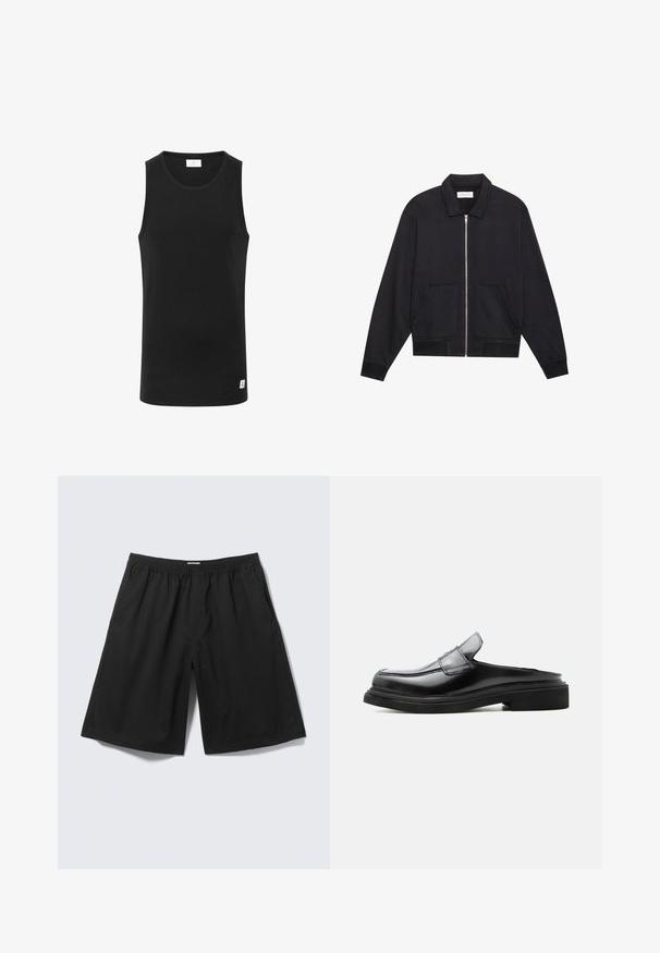 Schwarze Zip-Jacke mit Kragen, zwei Fronttaschen, gerippten Bündchen und einer strukturierten Stoffoberfläche. Einfaches und modernes Design.; Schwarzes ärmelloses Tanktop aus geripptem Stoff, mit rundem Ausschnitt und einem kleinen Logolabel am Saum. Einfaches, figurbetontes Design.; Schwarze locker sitzende Shorts mit elastischem Bund und Seitentaschen, auf hellgrauem Hintergrund dargestellt.; Schwarzer Lederloafer mit offenem Hacken, niedrigem Absatz und gesteppten Details entlang des Obermaterials und der Sohle, seitlich auf weißem Hintergrund abgebildet.