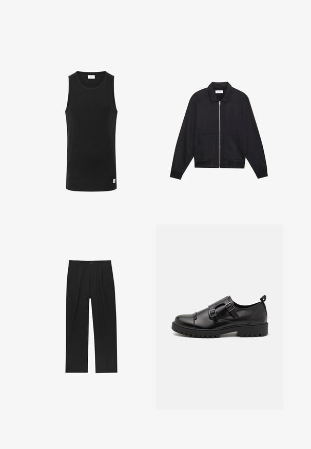Sort lynlåsjakke med krave, to frontlommer, ribbede manchetter og en struktureret stoffinish. Enkel og moderne design.; Sort ærmeløs tanktop lavet af ribbet stof, med rund halsudskæring og et lille logo på kanten. Simpel, tætsiddende design.; Sorte bukser med lige ben, lavet af et glat stof. Har frontfolder og en enkelt knaplukning i taljen.; Pier One by Zalando Business loafers - black