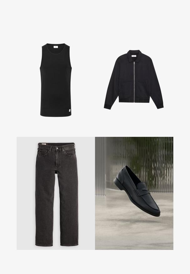 Chaqueta negra con cremallera y cuello, dos bolsillos frontales, puños acanalados y un acabado de tela texturizada. Diseño simple y moderno.; Top sin mangas negro hecho de tejido acanalado, con un escote redondo y una pequeña etiqueta de logo en el dobladillo. Diseño simple y ajustado.; Jeans de mezclilla negra con un diseño de pierna recta, cinco bolsillos y herrajes metálicos. La tela tiene una ligera textura y un acabado de color sólido.; Zapato tipo mocasín de cuero negro con acabado liso, punta puntiaguda y detalles cosidos en la pala. Tacón bajo y diseño minimalista.