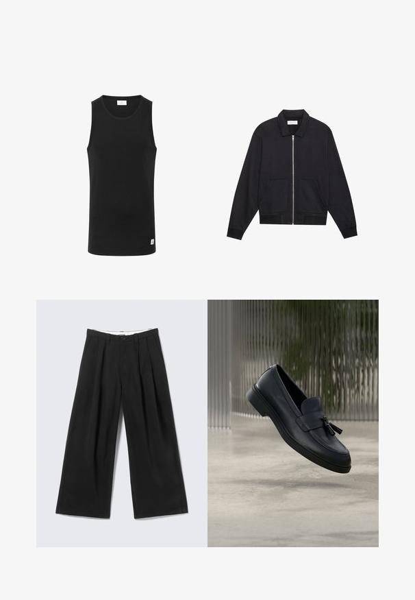 Zwarte ritssluiting jack met een kraag, twee voorkruiszakken, ribgebreide manchetten en een textuurstofafwerking. Eenvoudig en modern ontwerp.; Zwarte mouwloze tanktop van ribstof, met een ronde halslijn en een klein logolabel aan de zoom. Eenvoudig, getailleerd ontwerp.; Zwarte brede broek met plooien, riemlussen en een knoopsluiting, tentoongesteld tegen een lichtgrijze achtergrond.; Zwarte leren loafers met een gladde textuur, een afgeronde neus en decoratieve kwastjes aan de voorkant. Flexibele rubberen zool met lage hak.