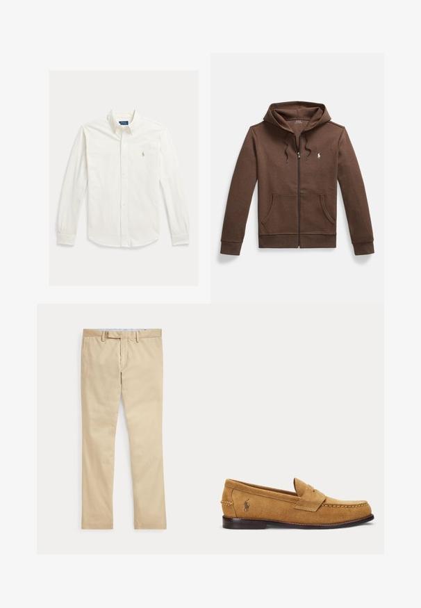 Brauner Kapuzenpullover mit Reißverschluss aus weichem Stoff, mit einer Kängurutasche vorne, Kapuze mit Kordelzug und kleinem, auf der Brust eingesticktem Logo.; Weißes langärmeliges Hemd mit Knopfleiste und Kragen, mit Polo Ralph Lauren-Logo auf der linken Brustseite bestickt.; Beige gerade Hose mit Gürtelschlaufen und einem vorderen Reißverschluss, flach auf weißem Hintergrund gelegt.; Hellbrauner Veloursleder-Slipper mit genähten Details und kleinem besticktem Pferde-Logo an der Seite, mit niedrigem Holzabsatz und Schlupf-Design.