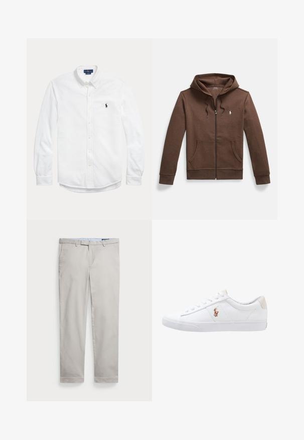 Hnedá mikina na zips z mäkkej tkaniny, s predným klokanie vreckom, kapucňou so šnúrkou a malým vyšívaným logom na prsiach.; Biela košeľa s dlhým rukávom na gombíky, golierom na gombíky a malým tmavým logom Polo Ralph Lauren na ľavej strane hrudníka.; Svetlo béžové bavlnené nohavice so strihom rovného nohu, s pútkami na opasok, bočnými vreckami a upraveným zakončením. Hladká textúra, minimálne detaily.; Biele plátenné tenisky s nízkym strihom, ktoré majú béžový opasok na päte a malé vyšívané logo na boku. Gumová podrážka.