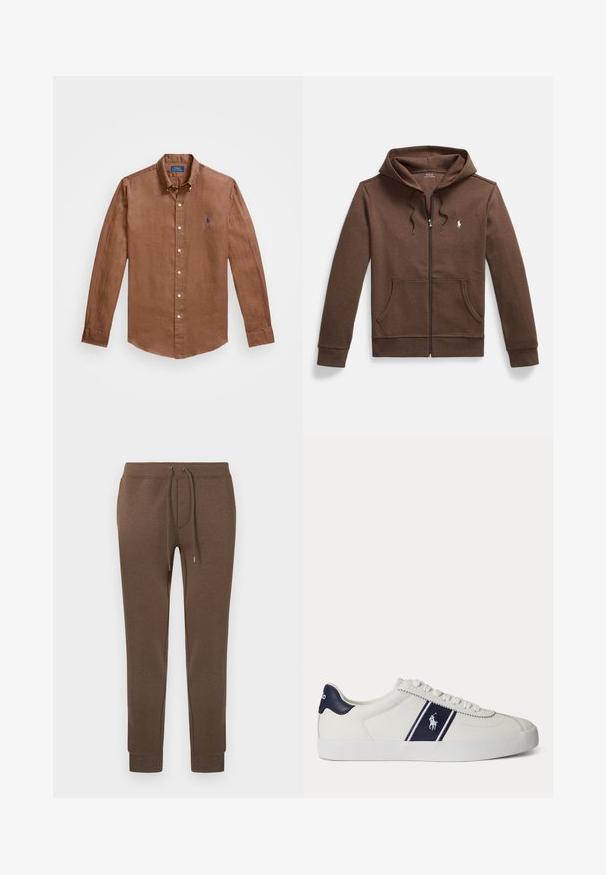 Sudadera con cremallera marrón hecha de tela suave, con un bolsillo frontal tipo canguro, capucha con cordón y un pequeño logo bordado en el pecho.; Camisa de manga larga marrón de botones hecha de lino, con un cuello clásico, botones en la parte delantera y un pequeño logo azul en el pecho.; Pantalones deportivos marrones de un material suave y elástico con cinturilla elástica, cordón y puños acanalados. Pequeño logo en la parte superior izquierda.; Zapatilla blanca de corte bajo con franja azul marino y logo en el lateral y lengüeta en el talón azul marino, suela plana blanca y cordones blancos.