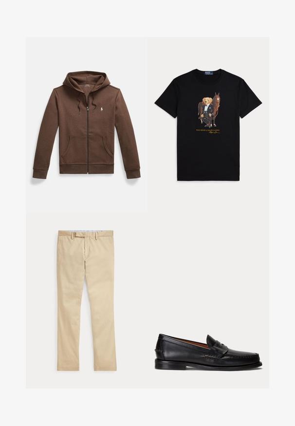 Sudadera con cremallera marrón hecha de tela suave, con un bolsillo frontal tipo canguro, capucha con cordón y un pequeño logo bordado en el pecho.; Camiseta negra con gráfico de un oso de peluche vestido con ropa ecuestre formal junto a un caballo marrón.; Pantalones beige de corte recto con trabillas para cinturón y cremallera frontal, colocados planos sobre un fondo blanco.; Mocasín negro de cuero con tacón bajo y detalle de correa para moneda, mostrado de lado sobre un fondo gris claro.