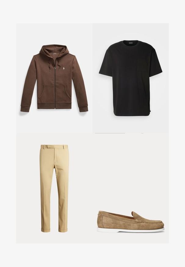 Bruine zip-up hoodie van zacht materiaal, voorzien van een voorzak in kangoostijl, capuchon met trekkoord en een klein geborduurd logo op de borst.; Zwart T-shirt met korte mouwen van katoen. Voorzien van een borstzak en een ontspannen pasvorm. Eenvoudig ontwerp zonder zichtbare patronen of accenten.; Beige op maat gemaakte herenbroek met riemlussen en omgeslagen pijpen, getoond tegen een effen lichte achtergrond.; Lichtbruine suède loafer met witte zool, mocassinnaad en slip-on ontwerp, vanuit de zijkant afgebeeld op een effen achtergrond.