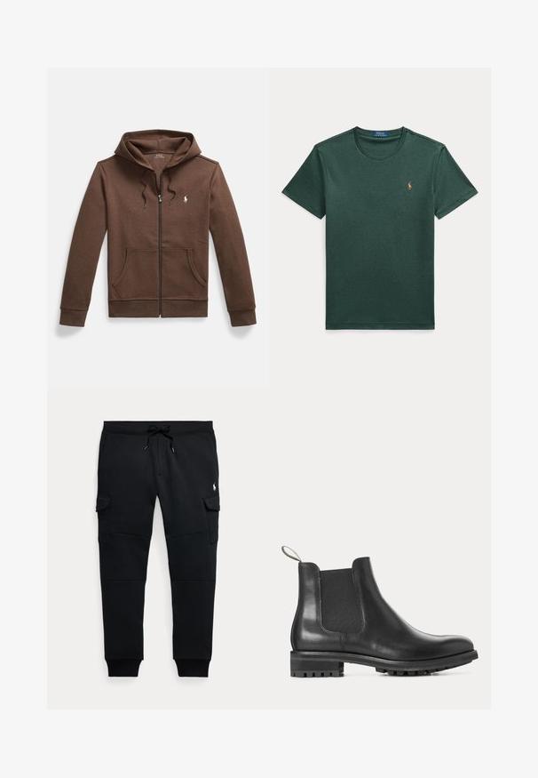 Hnedá mikina na zips z mäkkej tkaniny, s predným klokanie vreckom, kapucňou so šnúrkou a malým vyšívaným logom na prsiach.; Tmavozelené tričko s krátkym rukávom a okrúhlym výstrihom s malým vyšívaným logom hráča póla na ľavej strane hrudníka.; Čierne cargo jogger nohavice s šnúrkou v páse, bočné vrecká s chlopňou, rebrované manžety a malé biele logo hráča póla na pravej stehne.; Čierna kožená Chelsea topánka s elastickými bočnými panelmi, ťahacou slučkou vzadu a ryhovanou gumovou podrážkou s nízkym podpätkom, zobrazená v profile.