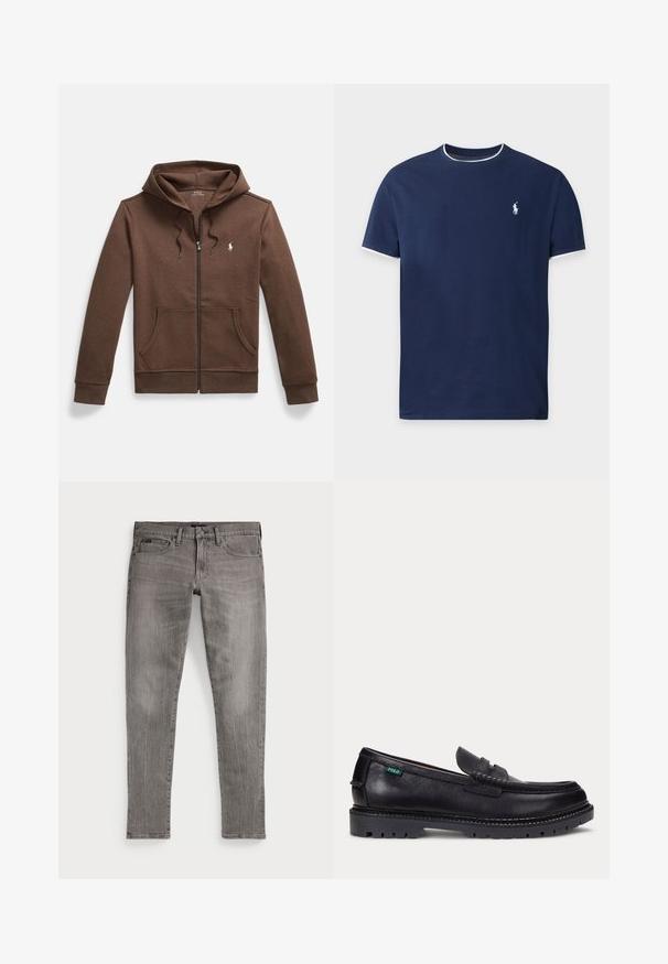 Brun hættetrøje med lynlås lavet af blødt stof, med en kængurulomme foran, snøre i hætten og lille broderet logo på brystet.; Marineblå T-shirt med korte ærmer med hvide kanter ved krave og ærmer, med lille hvid polo-spiller logo på venstre bryst.; Grå denim jeans, slim fit, med lige ben. Har klassisk femlomme-design, stikninger og en let falmet tekstur.; Sort læderloafer med tyk, mønstret sål og lille grøn "Polo"-mærke på ydersiden nær hælen.