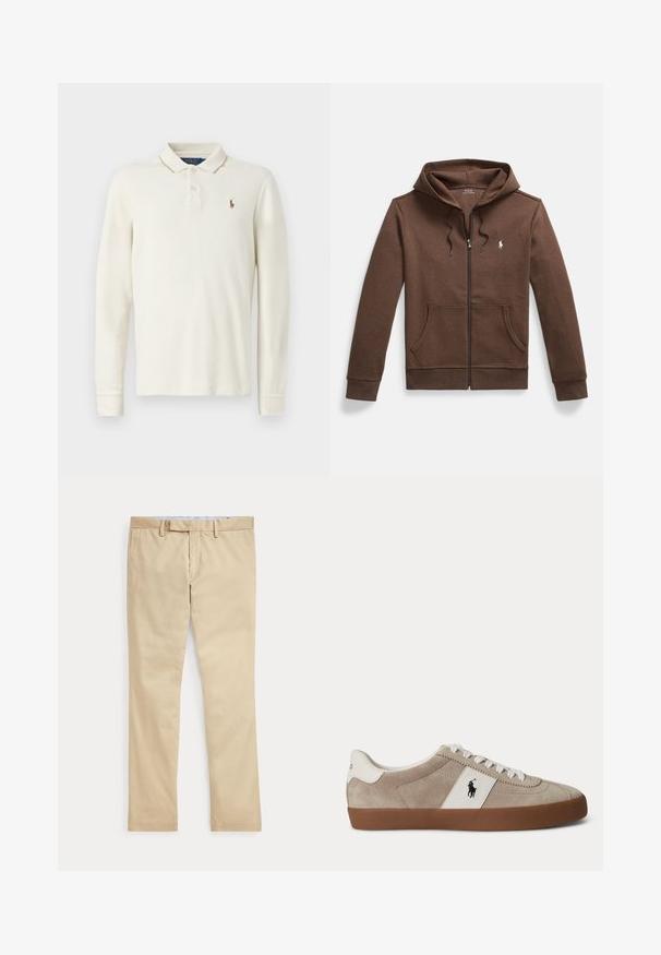 Hnedá mikina na zips z mäkkej tkaniny, s predným klokanie vreckom, kapucňou so šnúrkou a malým vyšívaným logom na prsiach.; Dlhý rukáv polo tričko v krémovej bavlne, s rebrovaným golierom, trojbuttonovou légiou a malým vyšívaným logom na hrudi.; Béžové nohavice s rovnými nohavicami, s pútkami na opasok a predným zipsom, položené na bielom pozadí.; Béžová semišová nízka teniska s bielymi šnúrkami, bielym koženým prvkom s čiernym logom koňa a hnedou gumovou podrážkou.