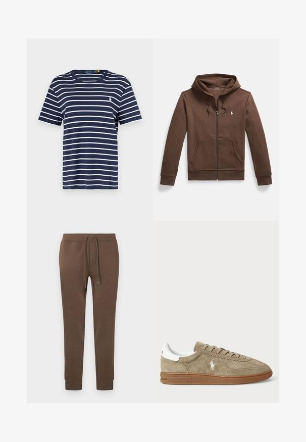 Sweat à capuche marron avec fermeture éclair, confectionné dans un tissu doux, doté d'une poche kangourou avant, d'une capuche avec cordon de serrage et d'un petit logo brodé sur la poitrine.; T-shirt en coton bleu marine avec des rayures horizontales blanches, manches courtes, col rond, et un petit logo brodé sur la poitrine.; Pantalon de survêtement marron en matière douce et extensible, avec une taille élastique, un cordon de serrage et des poignets côtelés. Petit logo en haut à gauche.; Baskets en daim couleur beige avec des accents blancs, bout rond et design à lacets. Présente un logo en relief et une semelle en caoutchouc pour une meilleure traction.