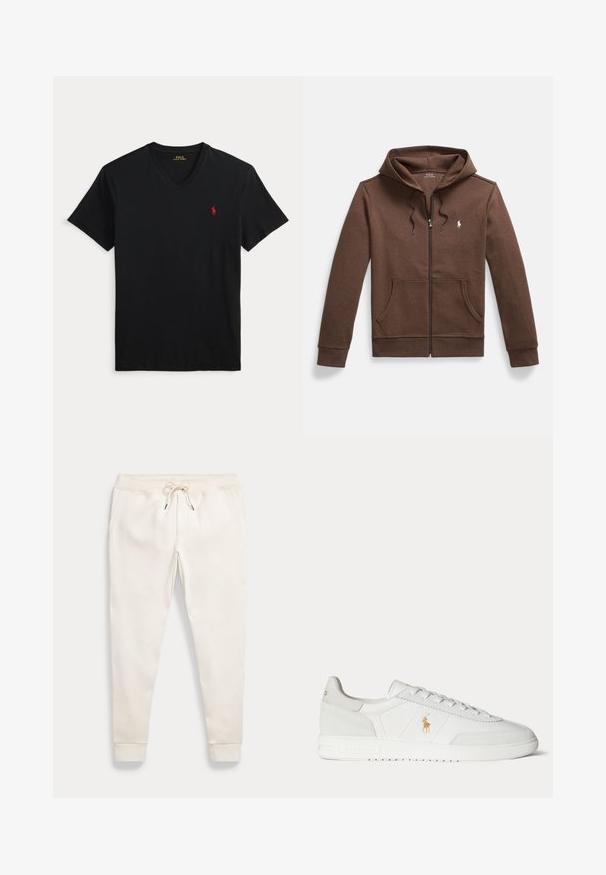 Brun hættetrøje med lynlås lavet af blødt stof, med en kængurulomme foran, snøre i hætten og lille broderet logo på brystet.; Sort V-hals T-shirt med korte ærmer og et lille rødt Polo Ralph Lauren-logo på venstre bryst.; Off-white skrå sweatpants med elastisk talje, justeringssnor, sidelommer og afsluttede ankler på en ensfarvet baggrund.; Hvid lavtop sneaker med snøredesign, guldfarvet Polo Ralph Lauren-logo på siden og tekstureret sål på en ensfarvet baggrund.