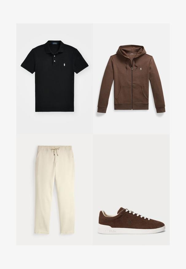 Hnedá mikina na zips z mäkkej tkaniny, s predným klokanie vreckom, kapucňou so šnúrkou a malým vyšívaným logom na prsiach.; Čierna polokošeľa vyrobená z bavlny, s klasickým golierom, zapínaním na tri gombíky, krátkymi rukávmi a bielym logom na ľavej strane hrude.; Krémové voľné nohavice s elastickým pásom a šnúrkou, rovné nohy a bočné vrecká na jednofarebnom pozadí.; Hnedé semišové nízke tenisky s bielou gumovou podrážkou, bielymi šnúrkami a vyšitou logom Polo na boku.