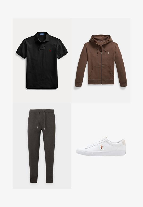 Hnedá mikina na zips z mäkkej tkaniny, s predným klokanie vreckom, kapucňou so šnúrkou a malým vyšívaným logom na prsiach.; Čierne polo tričko s krátkym rukávom, golierom, dvojgombíkovou légou a malým červeným vyšívaným logom na ľavej strane hrudníka.; Tmavomodré tepláky z mäkkého materiálu, s elastickým pásom na šnúrku, zužujúcimi sa nohavicami a manžetami pri členkoch.; Biele plátenné tenisky s nízkym strihom, ktoré majú béžový opasok na päte a malé vyšívané logo na boku. Gumová podrážka.